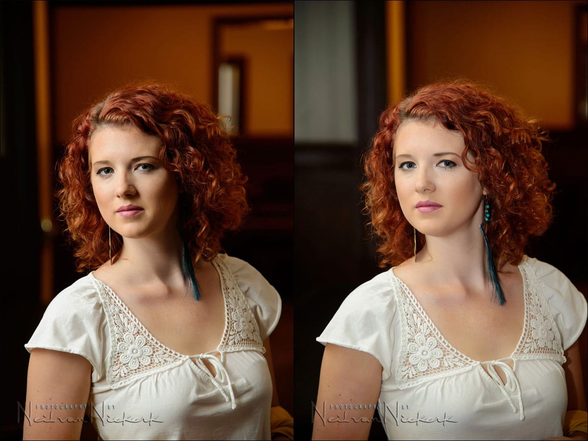 Trước và sau khi bounce flash – Ánh sáng trực tiếp gây bóng cứng (trái), bounce flash tạo ánh sáng mềm tự nhiên (phải)